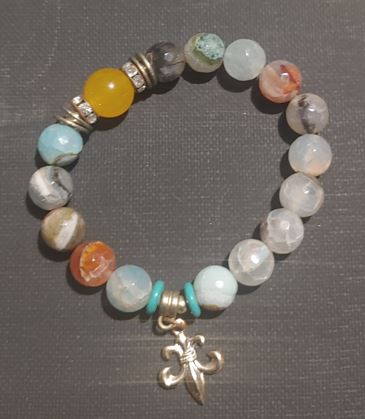 Multicolored Faux Jade and  Marble Stone with Flor De Lis Charm Bracelet
