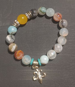 Multicolored Faux Jade and  Marble Stone with Flor De Lis Charm Bracelet