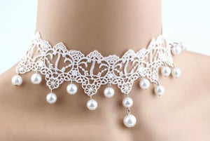 Elegant White Pearl Lace Choker Necklace